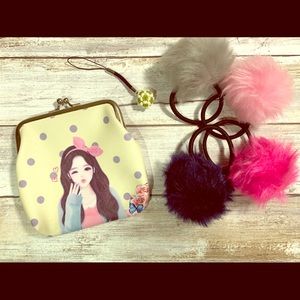 Gift set! Pom Pom hair ties,coin purse & charm